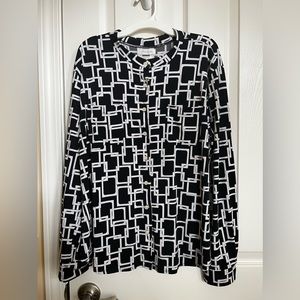 Van Heusen Black & White Mandarin collar abstract print-long sleeves blouse. XL